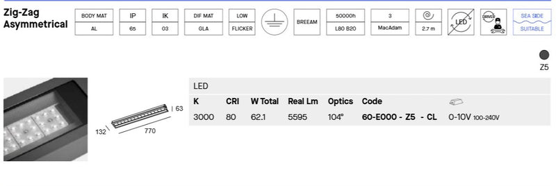 STREETLIGHT MODULE IP65 ZIGZAG ASYMMETRICAL LED 62.1 LED WARM-WHITE 3000K 0-10V URBAN GREY G 60-E000-Z5-CL