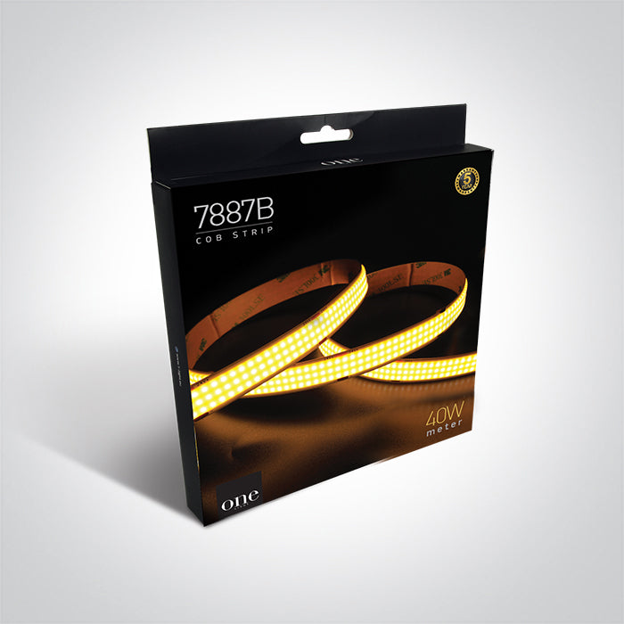 7887B/W: Flexible COB LED light strip, 1600LEDs/meter, 40W/meter.  Supplied in 5 meters roll with 3M double face adhesive tape.  Can be cut every 2,5cm.  Requires 24V DC constant voltage LED driver. ..