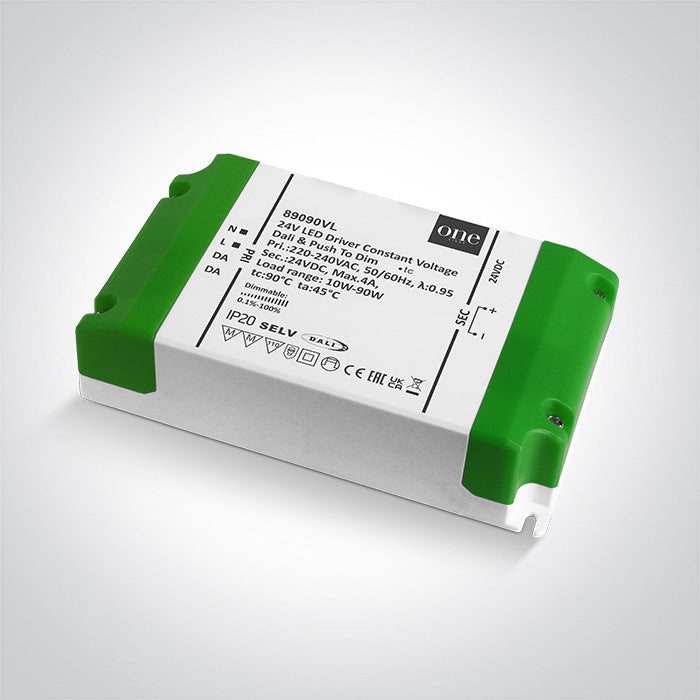 89090VL: 10-90W 24V DC DALI and Push to dim dimmable constant voltage driver, IP20.  ..