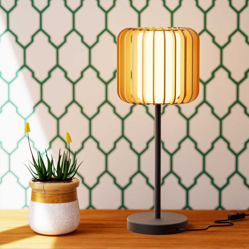 DE-0200-NAT, TABLE LAMP VIVA E27 15W BLACK LIGHT WOOD, Black, Light wood, White