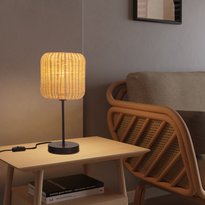 DE-0215-NAT, TABLE LAMP CORTIC E27 15W BLACK NATURAL RATTAN, Black, Natural rattan