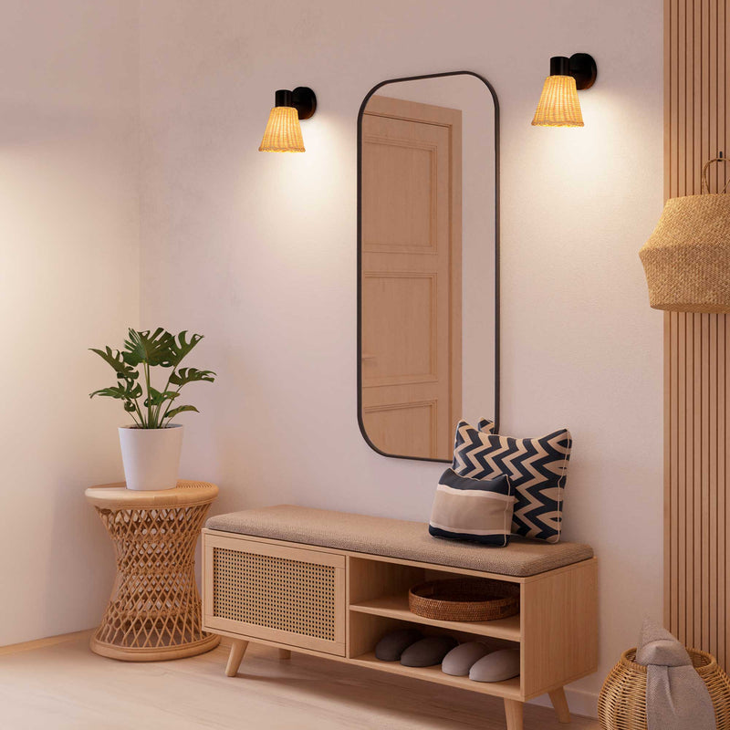 DE-0219-NAT, SPOTLIGHTS SERIES NATURE SINGLE E27 BLACK NATURAL RATTAN, Black, Natural rattan, crom