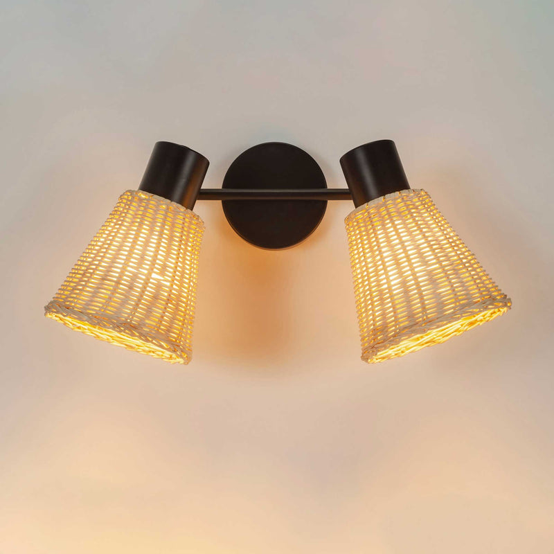 DE-0220-NAT, SPOTLIGHTS SERIES NATURE DOUBLE E27 BLACK NATURAL RATTAN, Black, Natural rattan, crom