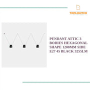 PENDANT ATTIC 3 BODIES HEXAGONAL SHAPE 1200MM SIDE E27 45 BLACK 3255LM by@Outfy