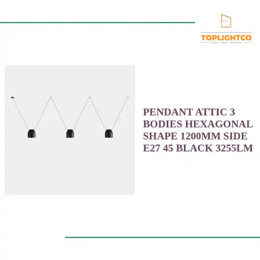 PENDANT ATTIC 3 BODIES HEXAGONAL SHAPE 1200MM SIDE E27 45 BLACK 3255LM by@Outfy