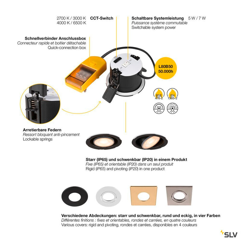 SLV 1008065 UNIVERSAL DOWNLIGHT PHASE recessed light, IP20, 5-7 W, fixed/pivoting, 2700/3000/4000/6500 K, 38°, without cover