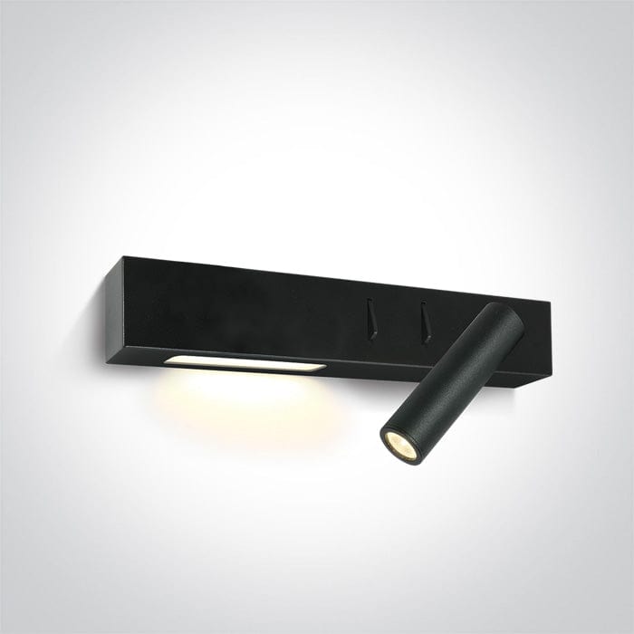 Black 3W LED + 6W side right light bedside adjustable fitting with 2 switches, IP20. 

Complete with 500mA and 700mA drivers.

 One Light SKU:65146A/B/W