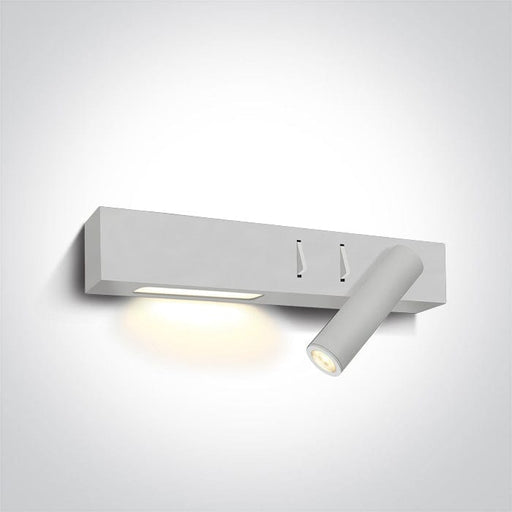 White 3W LED + 6W right side light bedside adjustable fitting with 2 switches, IP20. 
Complete with 500mA and 700mA drivers.
 One Light SKU:65146A/W/W